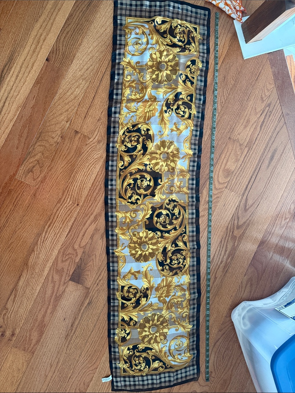 Gold and Black Floral Silk-Style Scarf Wrap